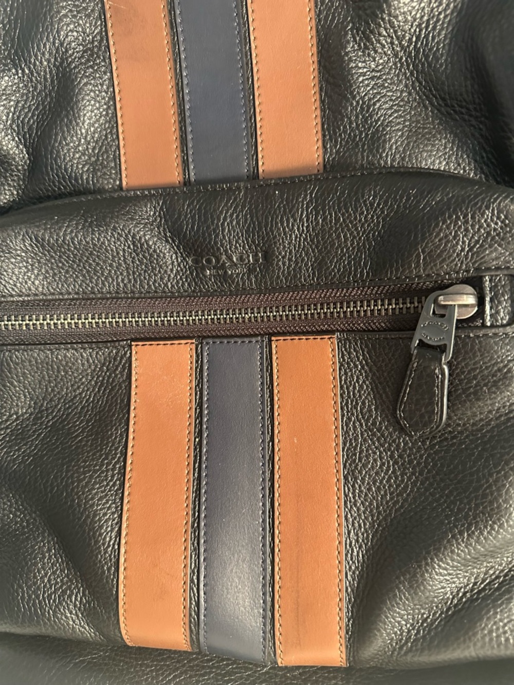 Coach Black Leather Backpack with Brown and Navy Stripe Detailing - Picture 3 of 16